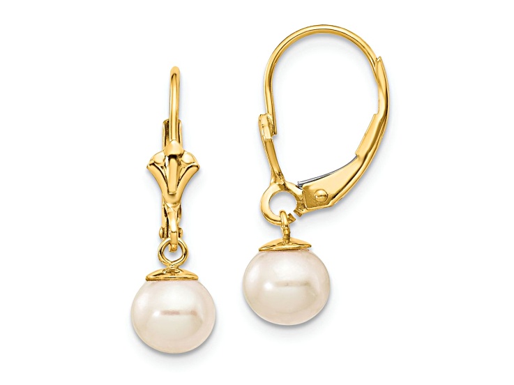10k Yellow Gold 6-7mm White Round Freshwater Cultured Pearl Dangle Earrings