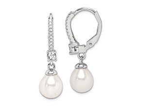 Rhodium Over Sterling Silver 7-8mm Freshwater Cultured Pearl and CZ Leverback Dangle Earrings