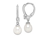 Rhodium Over Sterling Silver 7-8mm Freshwater Cultured Pearl and CZ Leverback Dangle Earrings