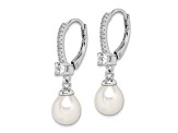 Rhodium Over Sterling Silver 7-8mm Freshwater Cultured Pearl and CZ Leverback Dangle Earrings