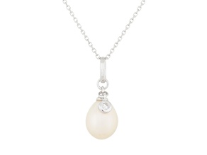 8-8.5mm White Cultured Freshwater Pearl Sterling Silver Pendant W/Chain