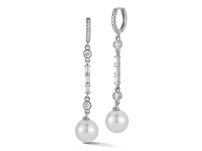 Sterling Statements Rhodium Over Sterling Silver Freshwater Pearl and CZ Dangle Earrings