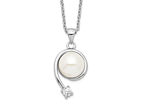 Rhodium Over Sterling Silver 8-9mm White Freshwater Cultured Pearl Cubic Zirconia Pendant Necklace