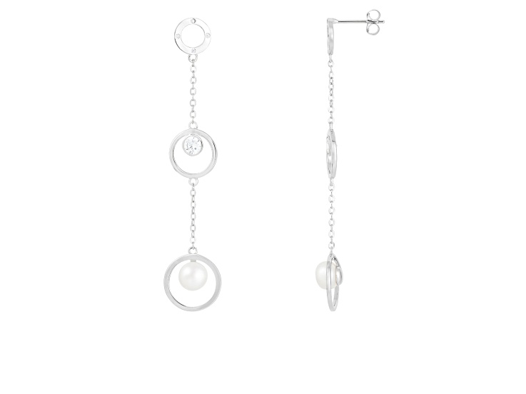 6-6.5mm White Cultured Freshwater Pearl and Cubic Zirconia Rhodium Over Sterling Silver Earrings