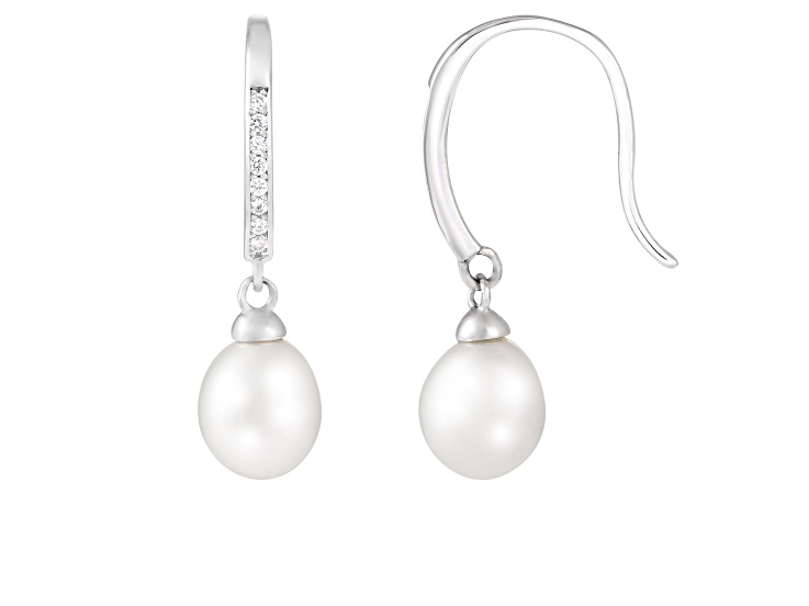 7.5-8mm White Cultured Freshwater Pearl and Cubic Zirconia Rhodium Over Sterling Silver Earrings