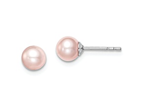 Rhodium Over Sterling Silver 5-6mm Pink Round FWC Pearl Stud Earrings