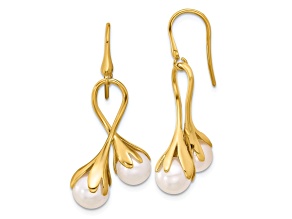14K Yellow Gold Freshwater Cultured Pearl with Ribbon Shape Dangle Earrings
