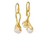 14K Yellow Gold Freshwater Cultured Pearl with Ribbon Shape Dangle Earrings