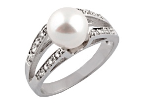 White Cultured Freshwater Pearl Ring Rhodium Over Silver