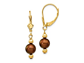 14K Yellow Gold 5-6mm Semi-round Coffee Brown Freshwater Cultured Pearl Leverback Earrings