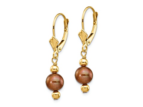 14K Yellow Gold 5-6mm Semi-round Coffee Brown Freshwater Cultured Pearl Leverback Earrings