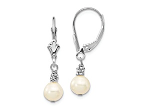 Rhodium Over 14K White Gold 5-6mm White Semi-round Freshwater Cultured Pearl Leverback Earrings