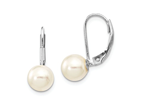 Rhodium Over 14K White Gold 7-8mm Round White Saltwater Akoya Pearl Leverback Earrings