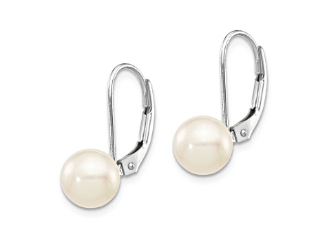Rhodium Over 14K White Gold 7-8mm Round White Saltwater Akoya Pearl Leverback Earrings