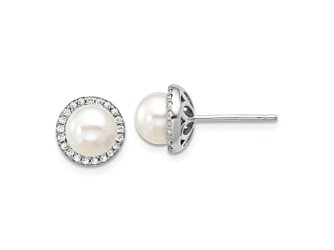 Rhodium Over Sterling Silver Freshwater Cultured Pearl and Cubic Zirconia Post Earrings