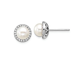 Rhodium Over Sterling Silver Freshwater Cultured Pearl and Cubic Zirconia Post Earrings