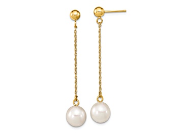 Picture of 14K Yellow Gold 7-8mm White Round Freshwater Cultured Pearl Dangle Post Earrings