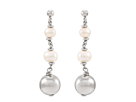 6-8.5mm Round White Freshwater Pearl Sterling Silver Graduated Dangle Earrings