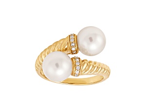 8-8.5mm Round White Freshwater Pearl 10K Yellow Gold Bypass Ring