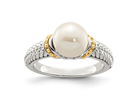 Rhodium Over Sterling Silver with 14K Accent 8-9mm Freshwater Cultured Pearl Ring