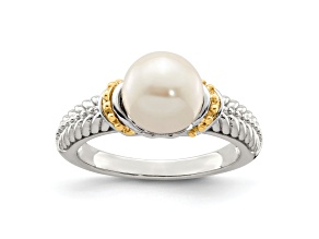 Rhodium Over Sterling Silver with 14K Accent 8-9mm Freshwater Cultured Pearl Ring