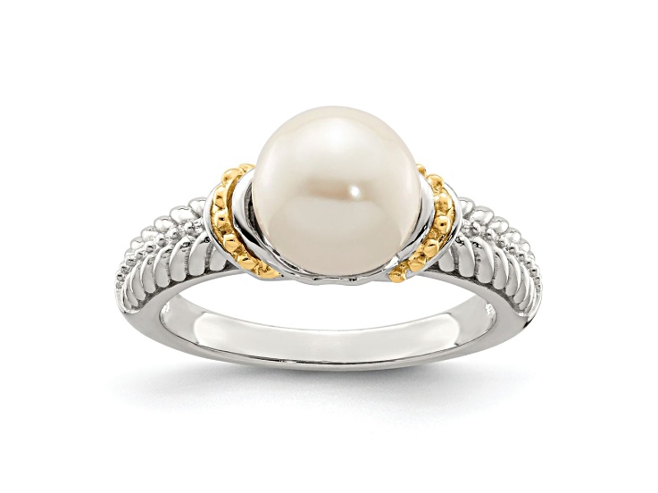 Rhodium Over Sterling Silver with 14K Accent 8-9mm Freshwater Cultured Pearl Ring