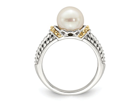 Rhodium Over Sterling Silver with 14K Accent 8-9mm Freshwater Cultured Pearl Ring