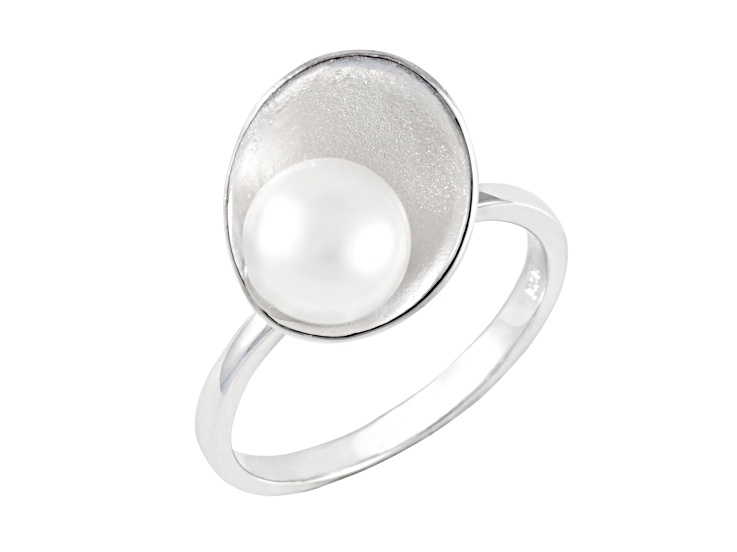7-8mm White Button Cultured Freshwater Pearl Rhodium Over Silver Ring
