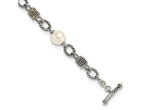 Sterling Silver with 14K Gold Over Sterling Silver Oxidized Freshwater Cultured Pearl Bracelet