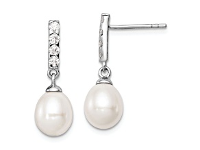Rhodium Over Sterling Silver 8-9mm White Freshwater Cultured Pearl Cubic Zirconia Post Earrings
