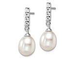 Rhodium Over Sterling Silver 8-9mm White Freshwater Cultured Pearl Cubic Zirconia Post Earrings