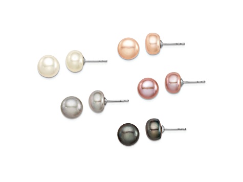 Rhodium Over Sterling Silver 8-9mm Freshwater Cultured Pearl Button Stud Earring Set