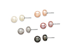 Rhodium Over Sterling Silver 8-9mm Freshwater Cultured Pearl Button Stud Earring Set