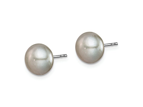 Rhodium Over Sterling Silver 8-9mm Freshwater Cultured Pearl Button Stud Earring Set