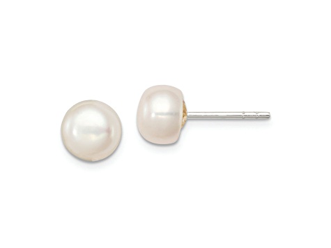 Sterling Silver White Freshwater Cultured Pearl 7-7.5mm Button Earrings