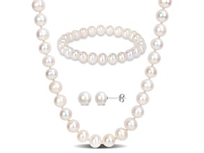 7.5-8mm Freshwater Cultured Pearl Stud Earrings, Strand Bracelet & Necklace Set