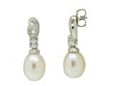 Oval Freshwater Pearl, Round White Cubic Zirconia Sterling Silver Drop Earrings