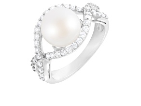 9-10mm White Button Cultured Freshwater Pearl and Cubic Zirconia Rhodium Over Silver Ring