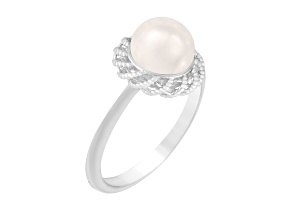 7-7.5mm White Button Cultured Freshwater Pearl Rhodium Over Silver Ring