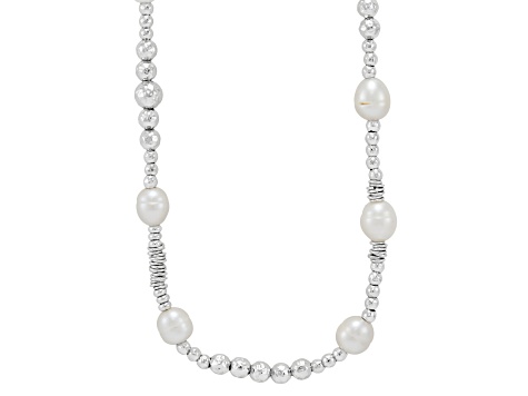8-11mm Round White Freshwater Pearl and Sterling Silver Beads Station Necklace