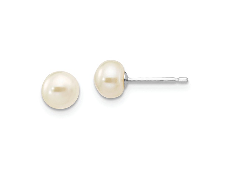 Rhodium Over 10k White Gold 5-6mm White Button Freshwater Cultured Pearl Stud Earrings