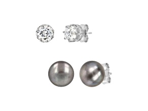 Black Cultured Freshwater and Cubic Zirconia Rhodium Sterling Silver Set of 2 Stud Earrings