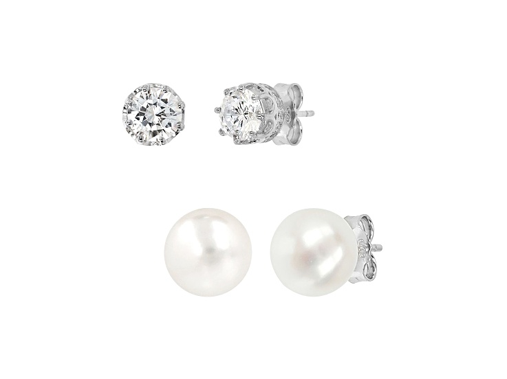 White Cultured Freshwater and Cubic Zirconia Rhodium Sterling Silver Set of 2 Stud Earrings