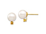 14K Yellow Gold 8-8.5mm White Round Freshwater Cultured Pearl Citrine Post Earrings