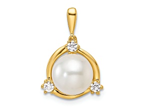 14K Yellow Gold Lab Grown Diamond and Freshwater Cultured Pearl Pendant 0.12ctw