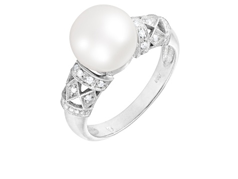 9-10mm White Cultured Freshwater Pearl 14K White Gold Ring