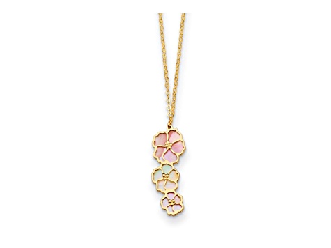14K Yellow Gold Pink and White Mother of Pearl Flowers 18 Inch Necklace