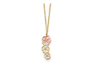 14K Yellow Gold Pink and White Mother of Pearl Flowers 18 Inch Necklace