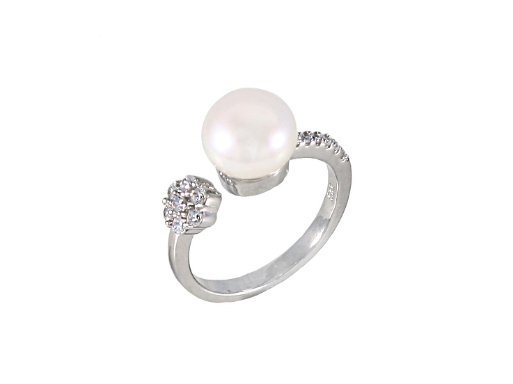 9-9.5mm White Round Cultured Freshwater Pearl and Cubic Zirconia Rhodium Over Silver Ring