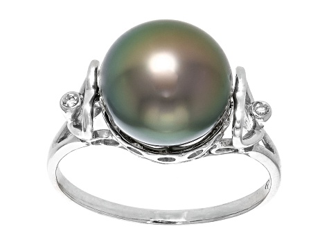 Tahitian Cultured Pearl With Diamond Accent 18k White Gold Ring